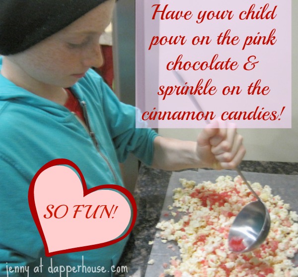 Let your child pour the pink chocolate and sprinkle the cinnamon candies valentine's day @dapperhouse