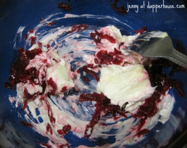 mix shredded beets cream cheese until blended for color Pink Sandwich Pread Valentine Girl Party #recipe @dapperhouse