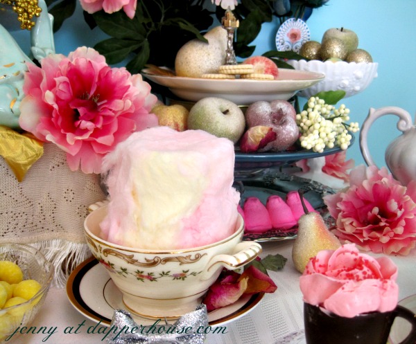 using cotton candy and peeps to recreate a fancy afternoon tea party inspired by Marie Antoinette chic @dapperhouse