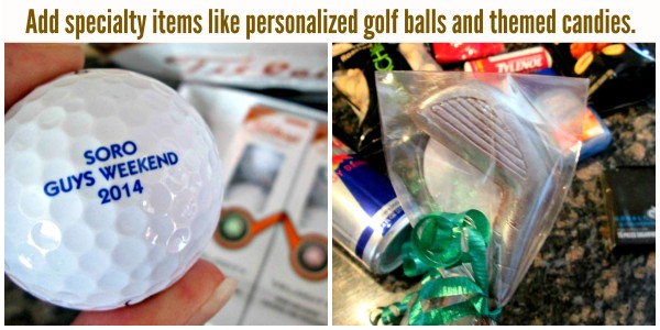 Add personal touches to the gift basket like personalized golf balls and specialty, themed candies @dapperhouse