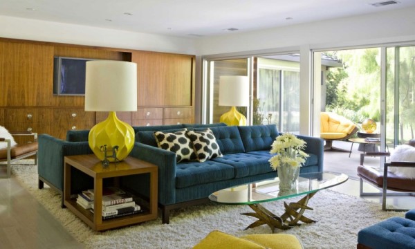 Enchanting-Living-Room-Design-Inside-the-Brentwood-Residence-with-Glass-Coffee-Table-and-Modern-Blue-Sofa