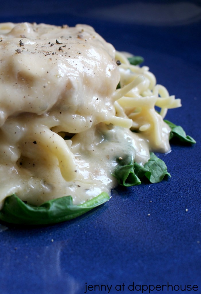Easy and Healthy recipe for creamy garlic butter chicken over wilted spinach and pasta @dapperhouse