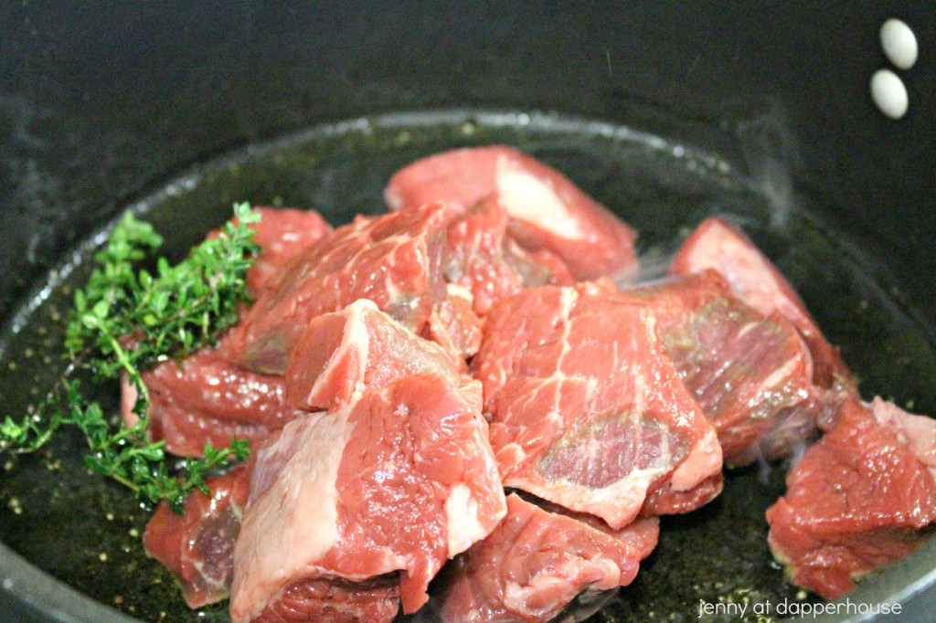 Add beef to the fresh herbs - How to make Irish Stew - recipe jenny at dapperhouse