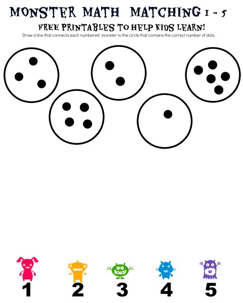 Monster Math Matching numbers 1 - 5 Free Printables for kids