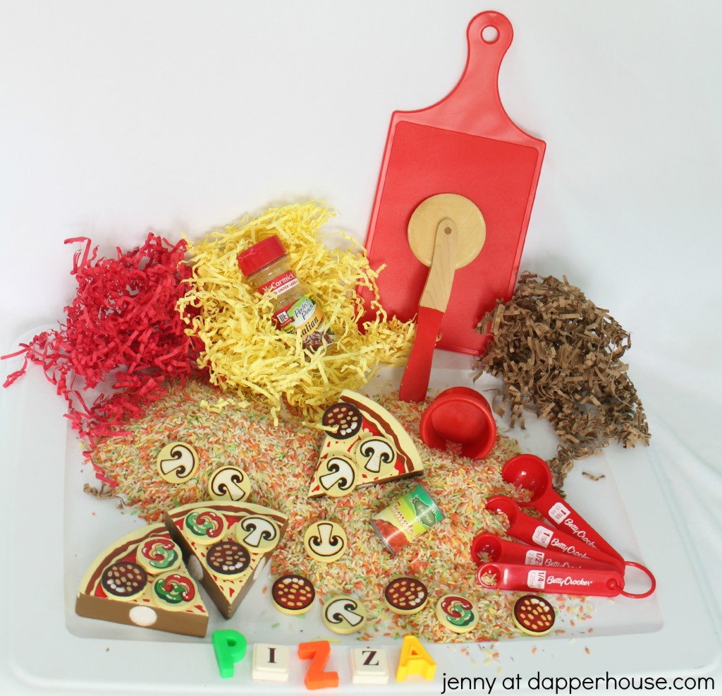DIY homeschool and classroom learning through play - pizza themed sensory bin - jenny at dapperhouse