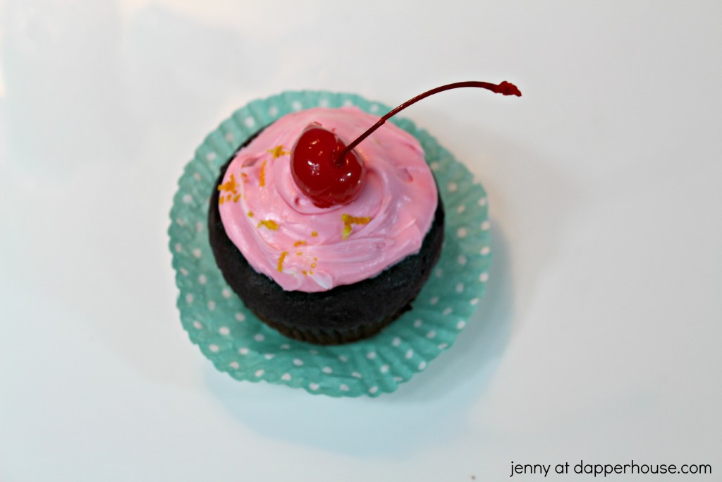 Recipe for chocolate orange cupcakes with maraschino cherry frosting from jenny at dapperhouse