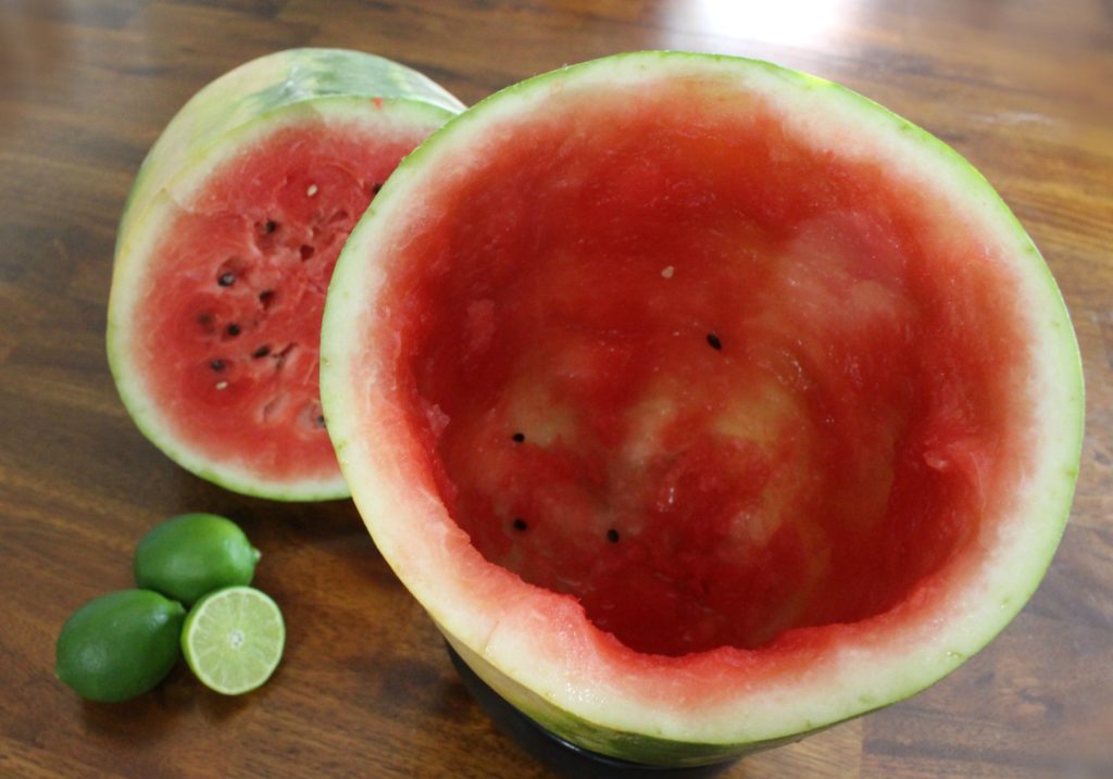 Cut a medium sized watermelon in half and scoop out the melon - cocktail recipe - jenny at dapperhouse blog