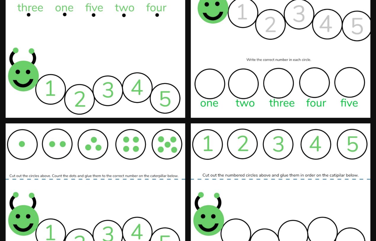 Caterpillar Math Free Printable Preschool Worksheets (Numbers 1 – 5)