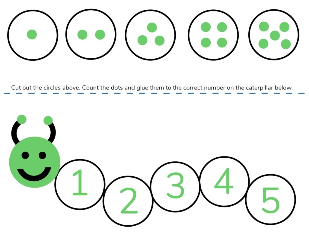 Caterpillar Math Free Printable Preschool Worksheets (Numbers 1 – 5