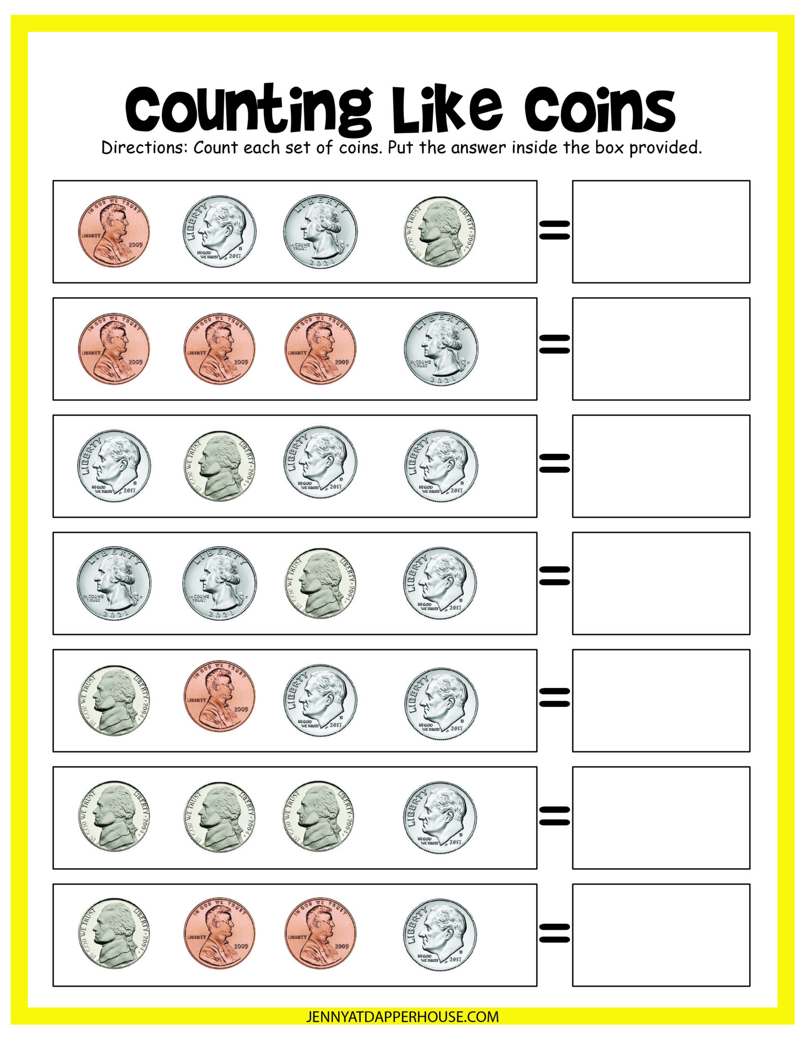 Practice Counting Coins Free Printable Worksheets - Jenny at dapperhouse