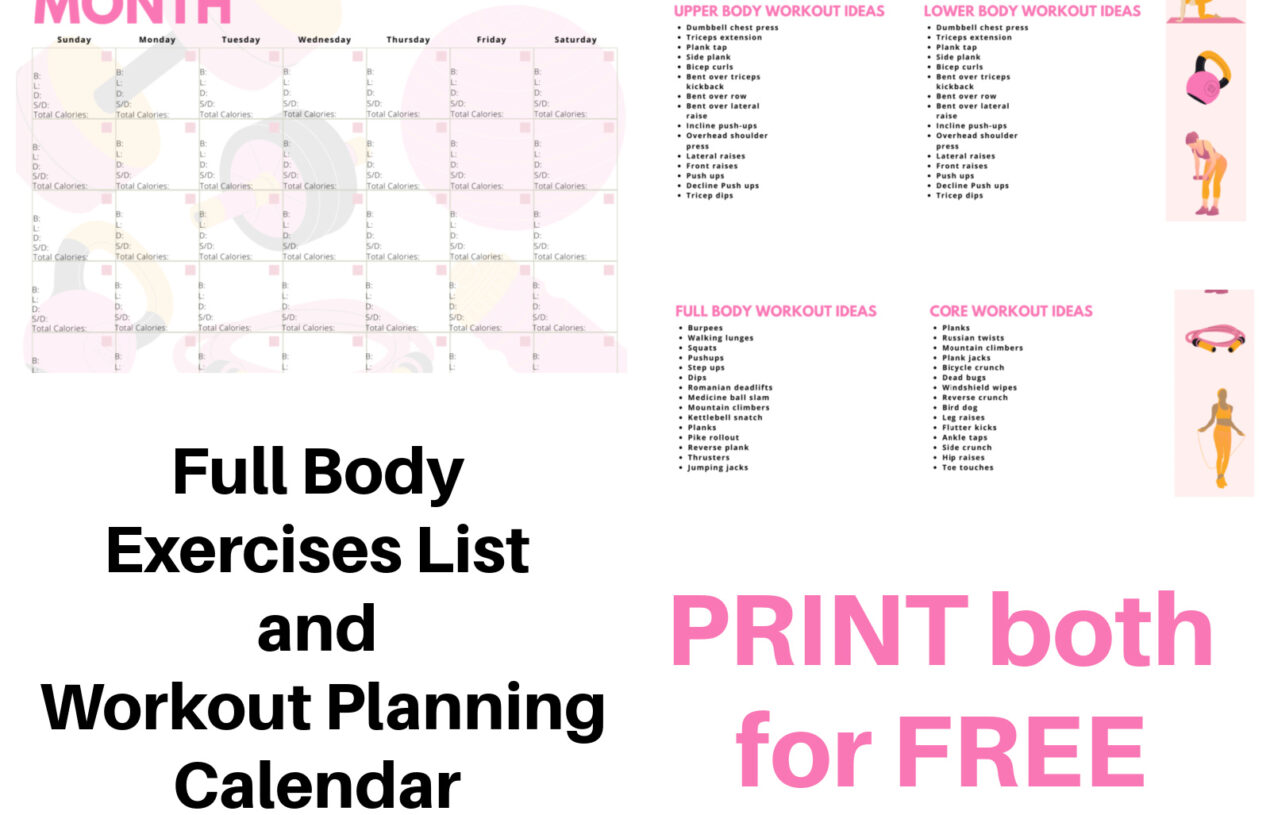 Free Printable Exercises List & Monthly Meal Log