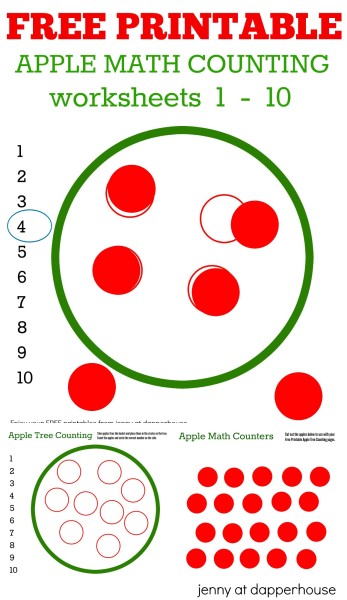 Free Printable apple math counting worksheets numbers 1 - 10 - from jenny at dapperhouse